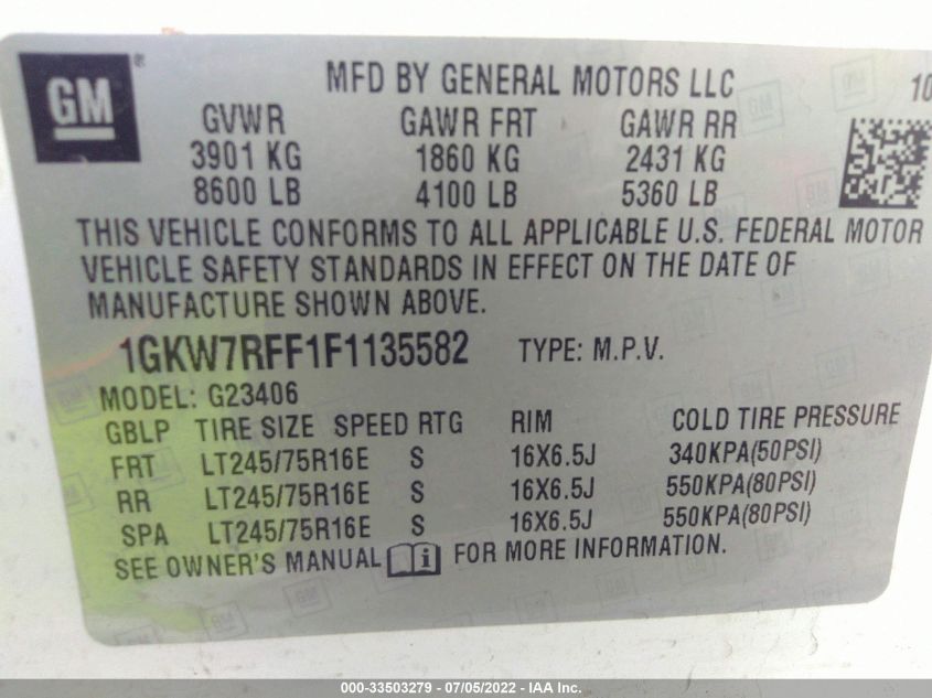 2015 GMC SAVANA PASSENGER LT 1GKW7RFF1F1135582