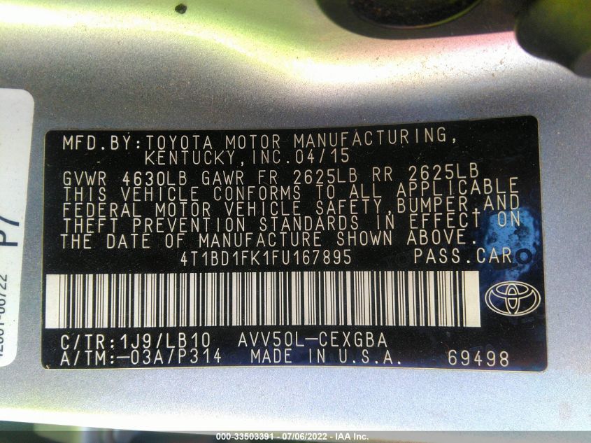 2015 TOYOTA CAMRY HYBRID HYBRID/LE/XLE/SE 4T1BD1FK1FU167895