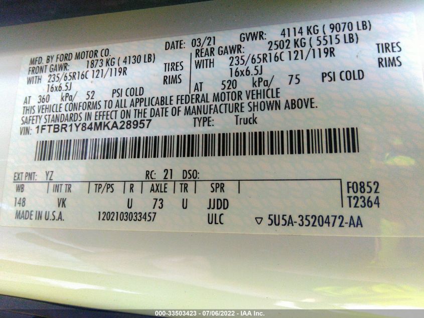 2021 FORD TRANSIT-250 CARGO VAN 1FTBR1Y84MKA28957