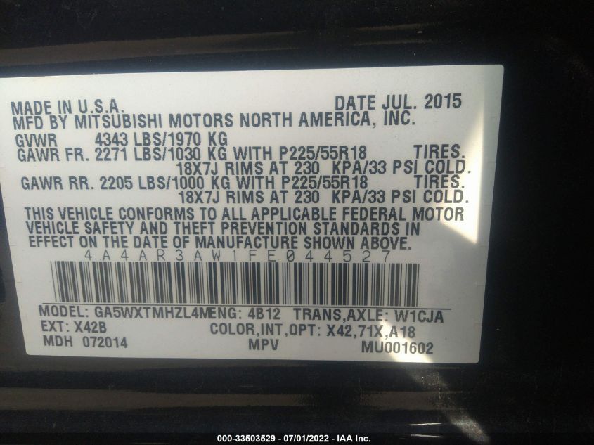 2015 MITSUBISHI OUTLANDER SPORT 2.4 ES 4A4AR3AW1FE044527
