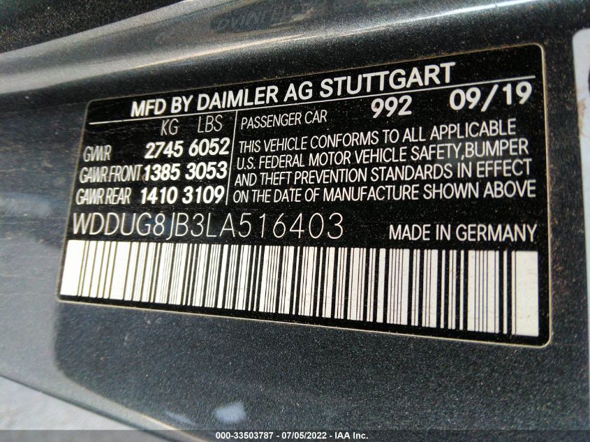 2020 MERCEDES-BENZ S-CLASS AMG S 63 WDDUG8JB3LA516403
