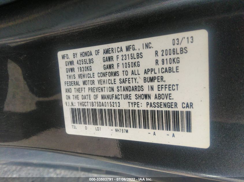 2013 HONDA ACCORD CPE EX 1HGCT1B75DA015213