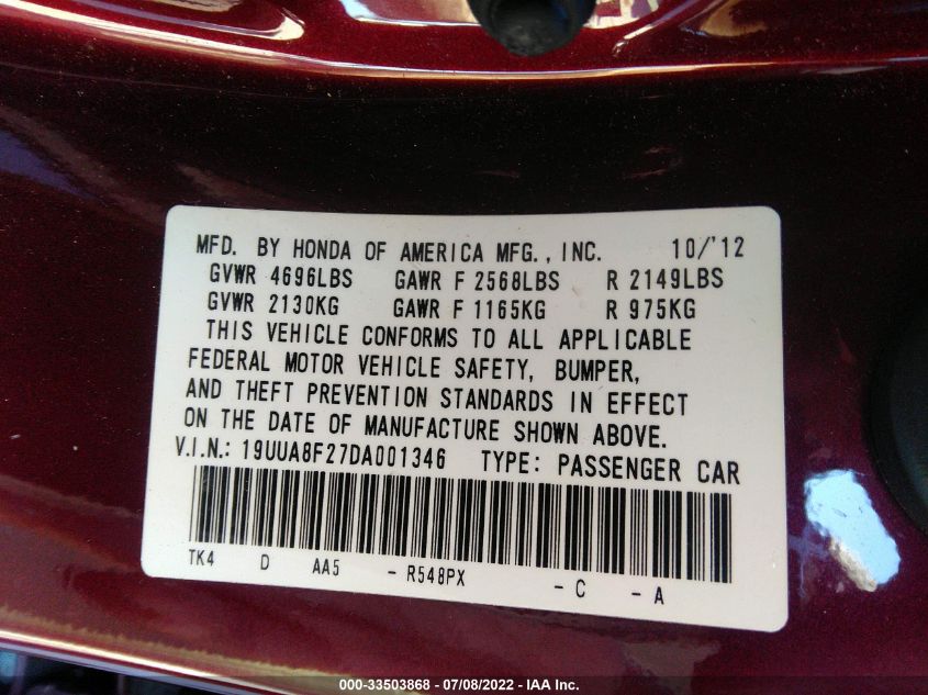 2013 ACURA TL 19UUA8F27DA001346
