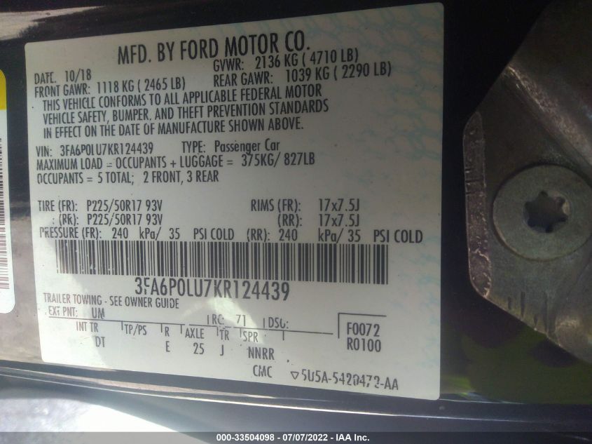 2019 FORD FUSION HYBRID SE 3FA6P0LU7KR124439