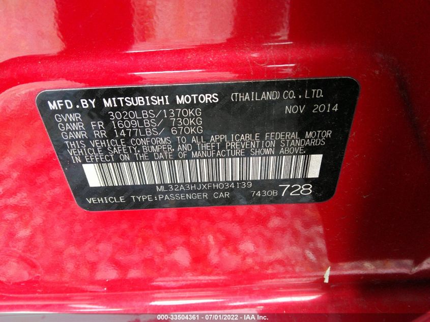 2015 MITSUBISHI MIRAGE DE/RF ML32A3HJXFH034139