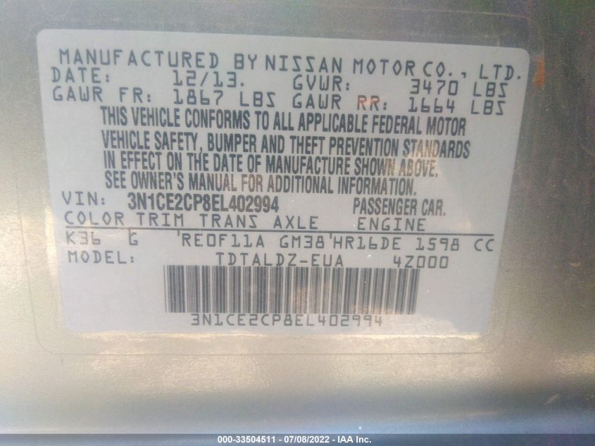 2014 NISSAN VERSA NOTE SV 3N1CE2CP8EL402994