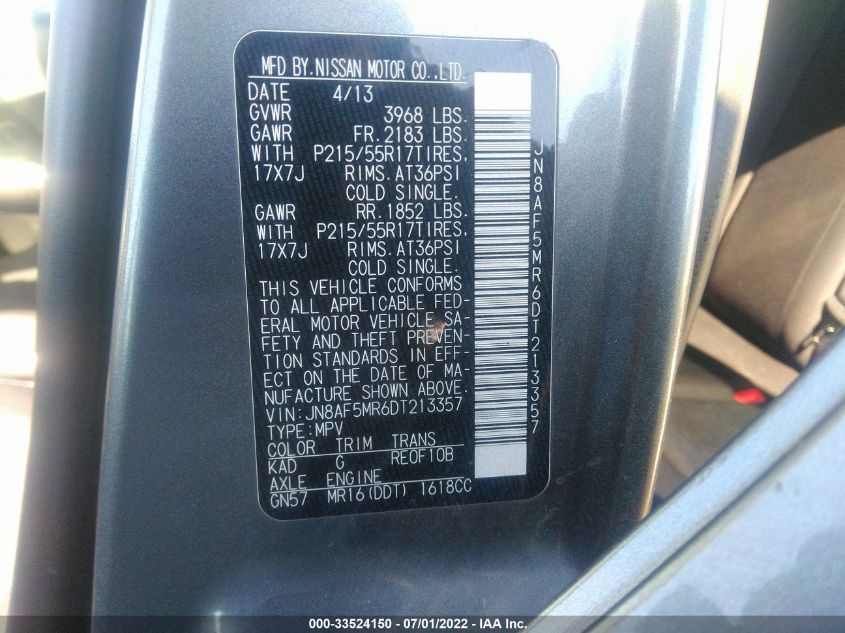 2013 NISSAN JUKE S JN8AF5MR6DT213357