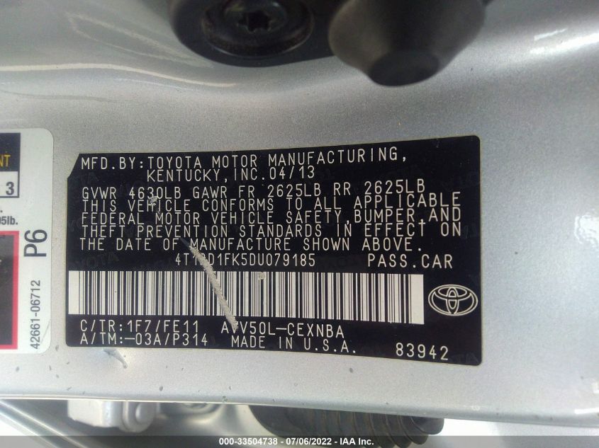 2013 TOYOTA CAMRY HYBRID HYBRID/LE/XLE 4T1BD1FK5DU079185