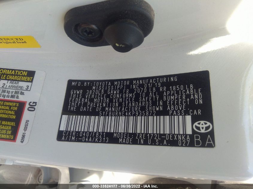 2019 TOYOTA COROLLA LE 5YFBURHE4KP935872
