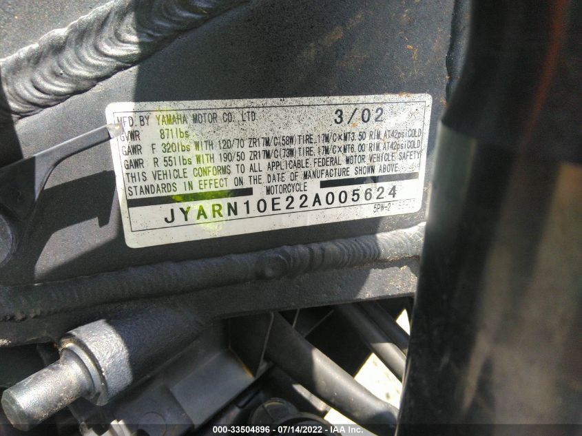 2002 YAMAHA YZFR1 JYARN10E22A005624