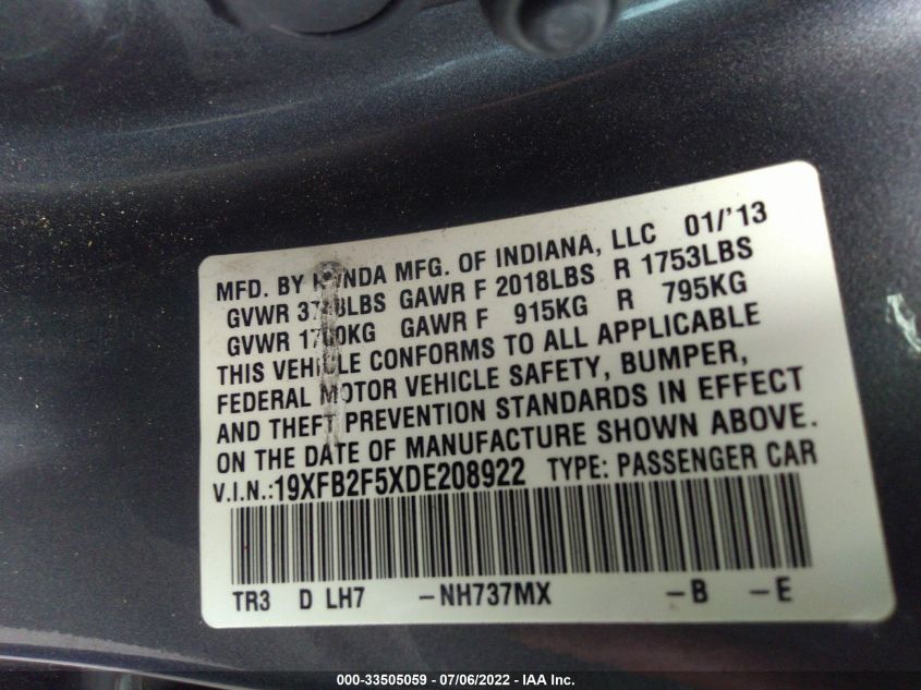 2013 HONDA CIVIC SDN LX 19XFB2F5XDE208922