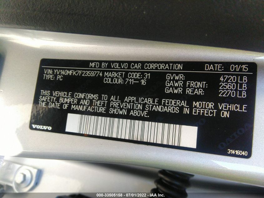 2015 VOLVO S60 T5 DRIVE-E PREMIER YV140MFK7F2359774