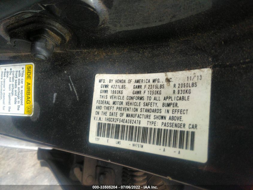 2014 HONDA ACCORD SDN SPORT 1HGCR2F54EA082478