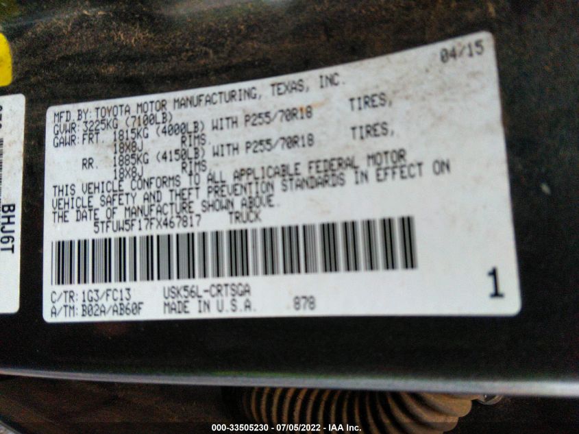 2015 TOYOTA TUNDRA 4WD TRUCK SR/SR5/TRD PRO 5TFUW5F17FX467817