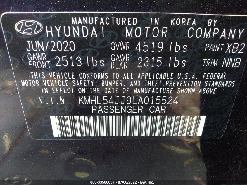 2020 HYUNDAI SONATA HYBRID LIMITED KMHL54JJ9LA015524