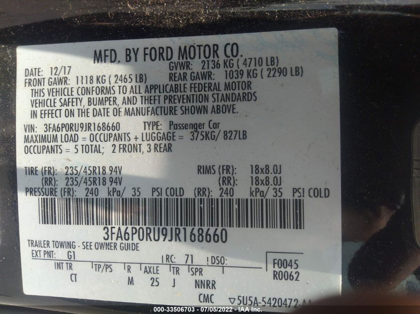 2018 FORD FUSION HYBRID TITANIUM/PLATINUM HEV 3FA6P0RU9JR168660