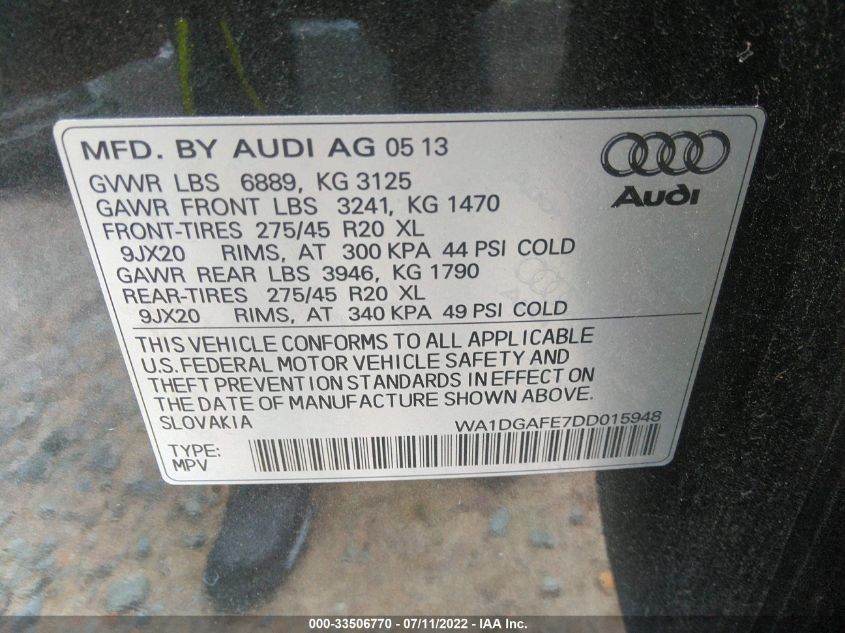 2013 AUDI Q7 3.0T S LINE PRESTIGE WA1DGAFE7DD015948