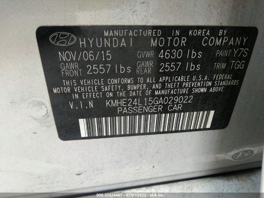 2016 HYUNDAI SONATA HYBRID SE KMHE24L15GA029022