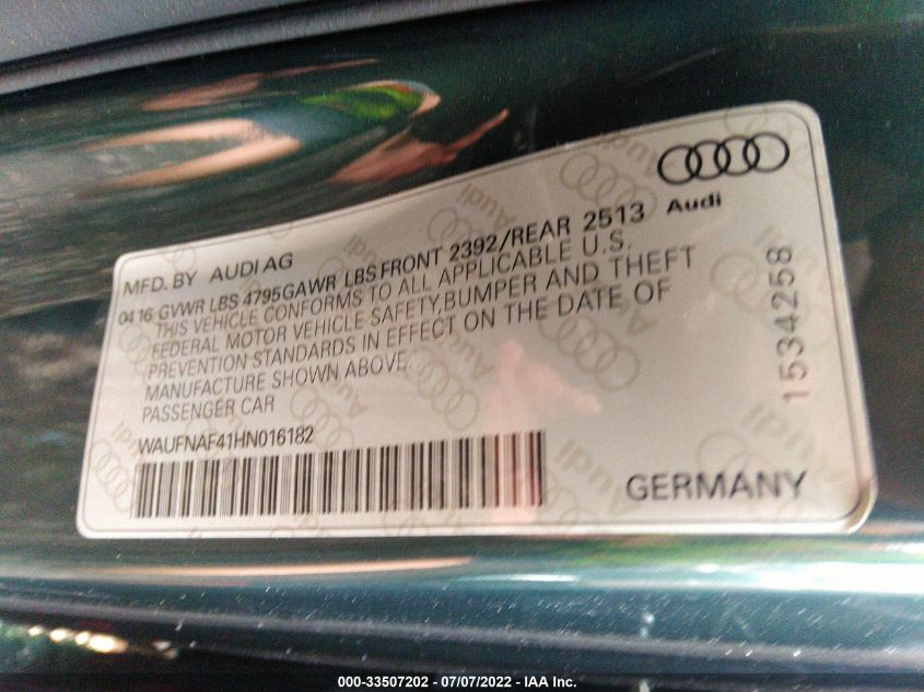 2017 AUDI A4 PRESTIGE WAUFNAF41HN016182