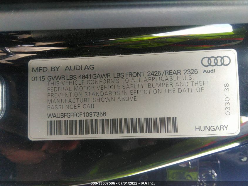 2015 AUDI S3/A3 2.0T PREMIUM PLUS WAUBFGFF0F1097356