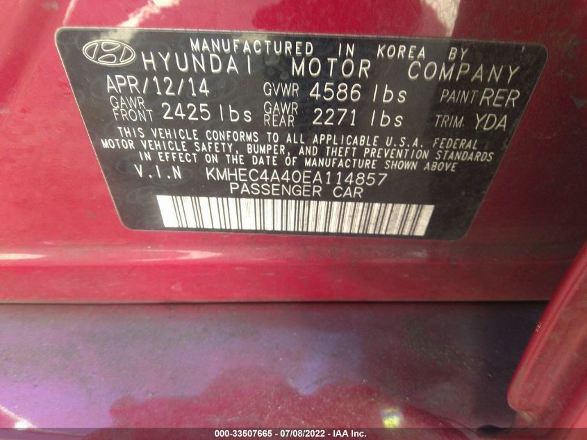 2014 HYUNDAI SONATA HYBRID KMHEC4A40EA114857