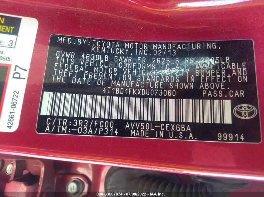 2013 TOYOTA CAMRY HYBRID HYBRID/LE/XLE 4T1BD1FKXDU073060