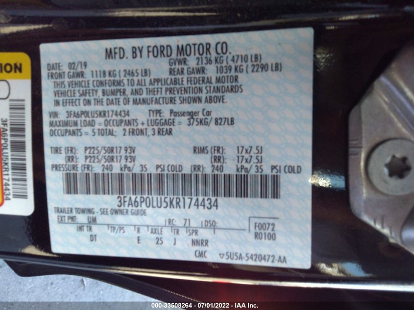 2019 FORD FUSION HYBRID SE 3FA6P0LU5KR174434