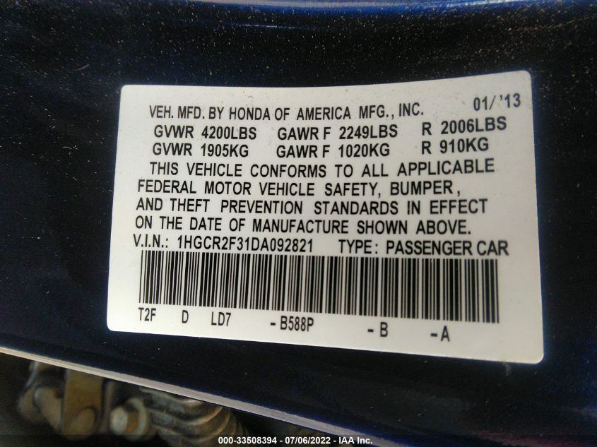 2013 HONDA ACCORD SDN LX 1HGCR2F31DA092821