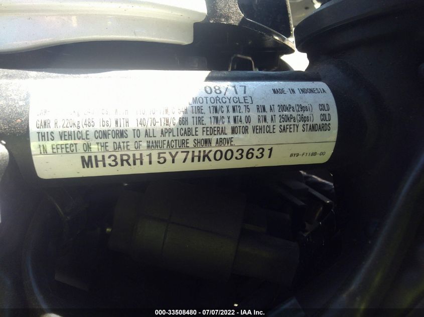 2017 YAMAHA YZFR3 A MH3RH15Y7HK003631