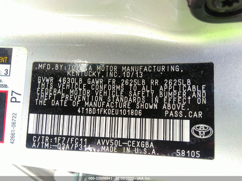 2014 TOYOTA CAMRY HYBRID HYBRID/LE/XLE 4T1BD1FK0EU101806
