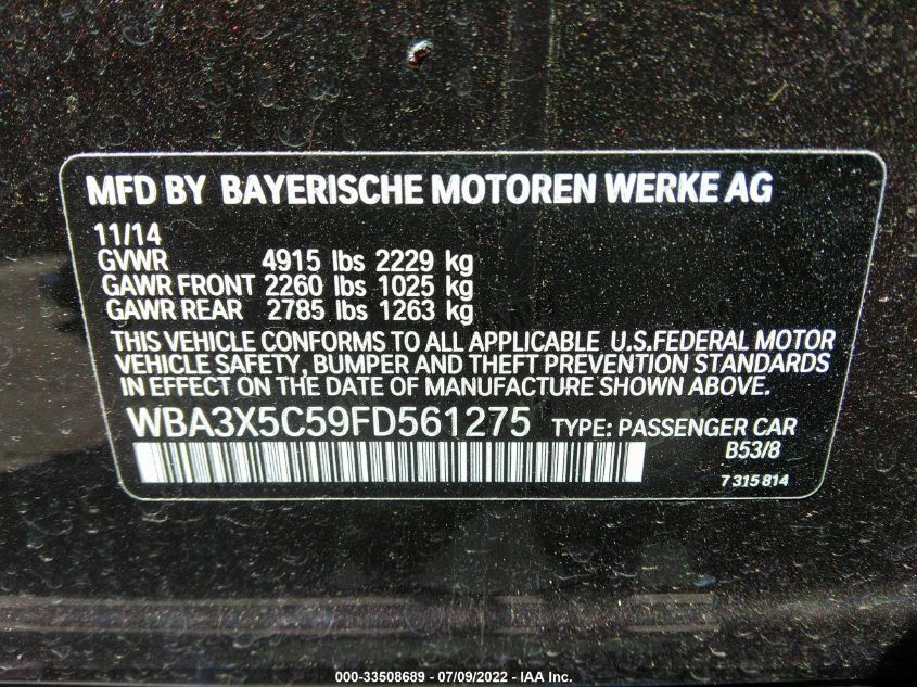 2015 BMW 3 SERIES GRAN TURISMO 328I XDRIVE WBA3X5C59FD561275