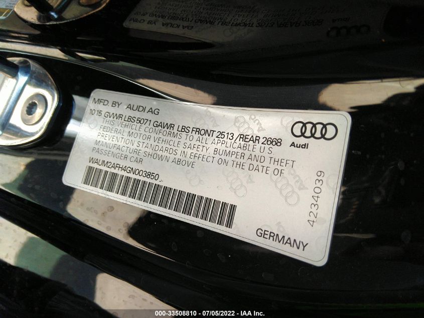 2016 AUDI A5 PREMIUM PLUS WAUM2AFH4GN003850