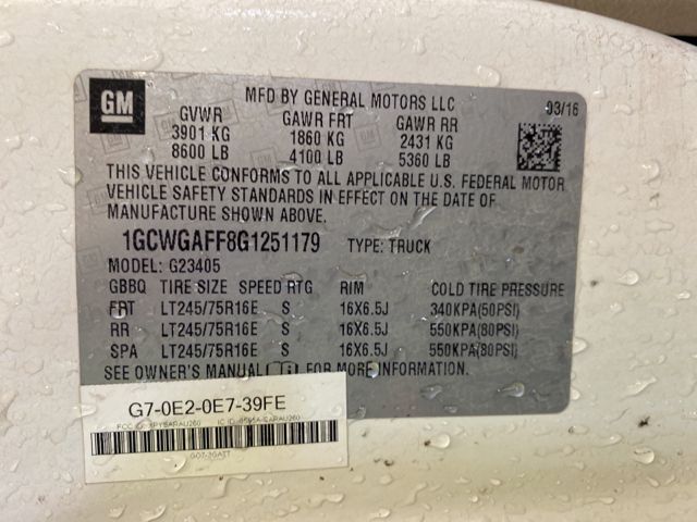 2016 CHEVROLET EXPRESS CARGO VAN 1GCWGAFF8G1251179