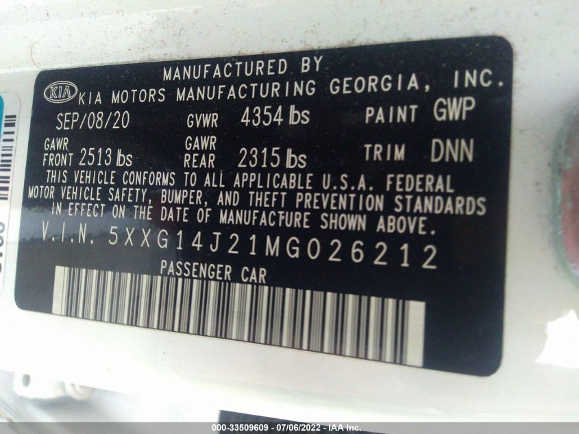 2021 KIA K5 LXS 5XXG14J21MG026212