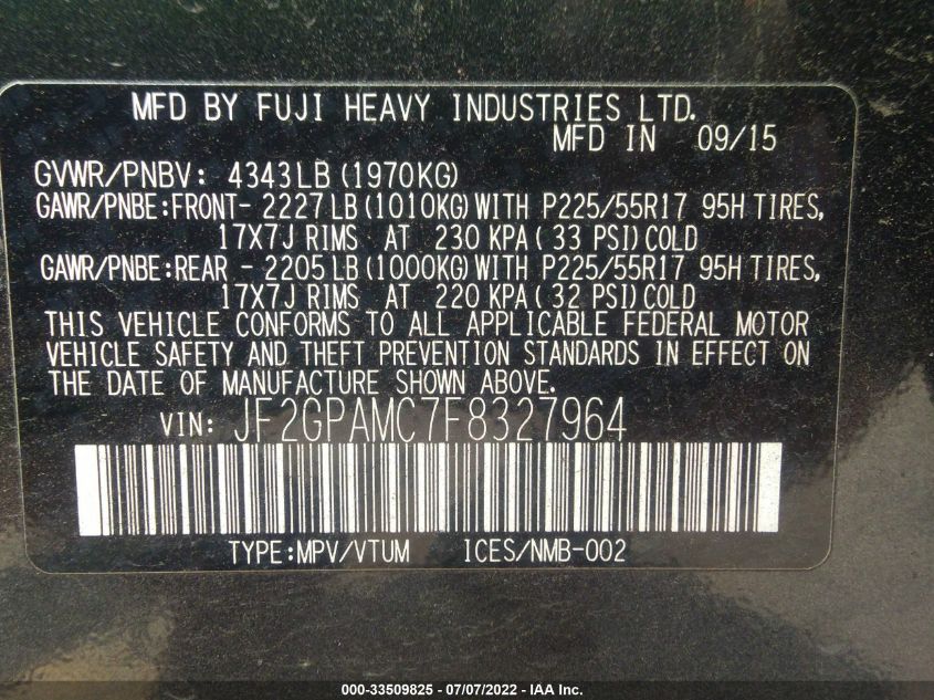 2015 SUBARU XV CROSSTREK LIMITED JF2GPAMC7F8327964