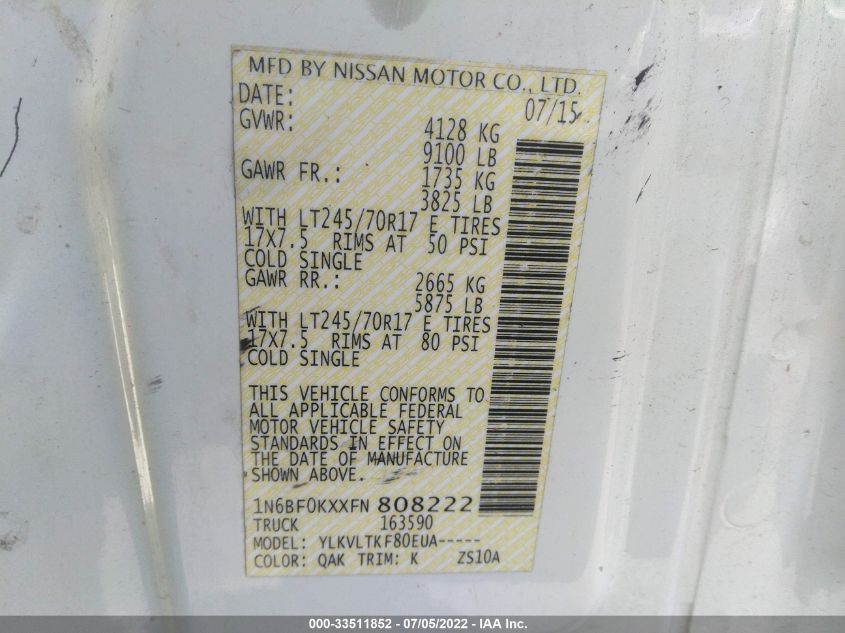 2015 NISSAN NV SV 1N6BF0KXXFN808222