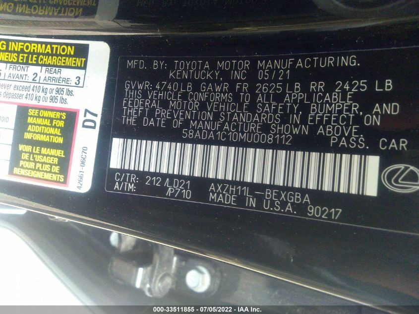 2021 LEXUS ES ES 300H 58ADA1C10MU008112