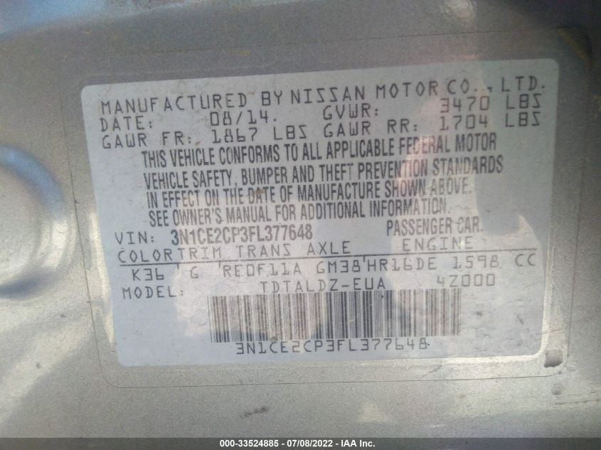 2015 NISSAN VERSA NOTE S/S PLUS/SV/SR/SL 3N1CE2CP3FL377648