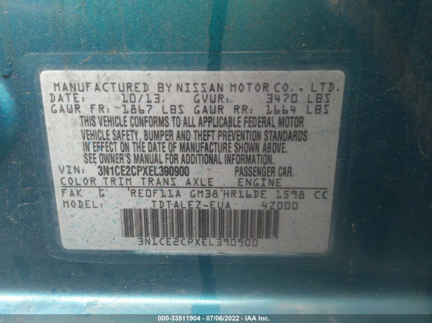 2014 NISSAN VERSA NOTE SV 3N1CE2CPXEL390900