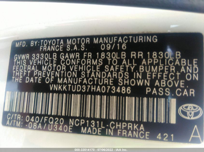 2017 TOYOTA YARIS L/SE/LE VNKKTUD37HA073486