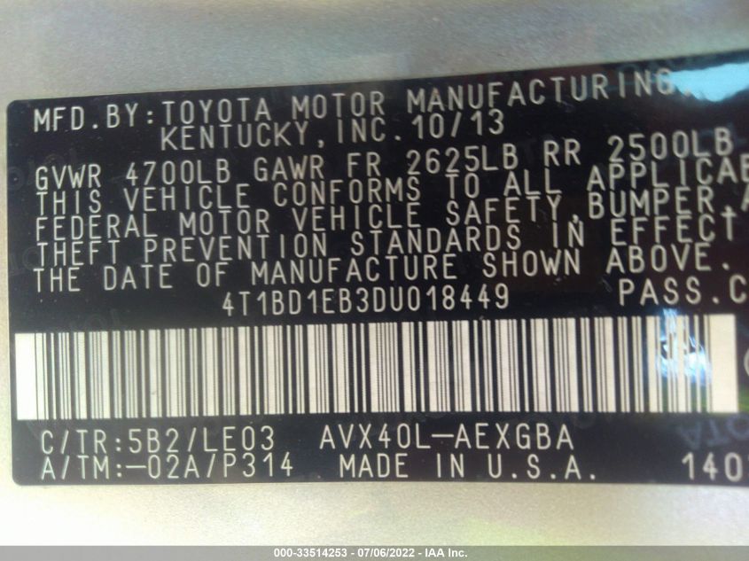 2013 TOYOTA AVALON HYBRID XLE PREMIUM 4T1BD1EB3DU018449