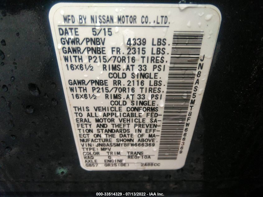 2015 NISSAN ROGUE SELECT S JN8AS5MT8FW666369
