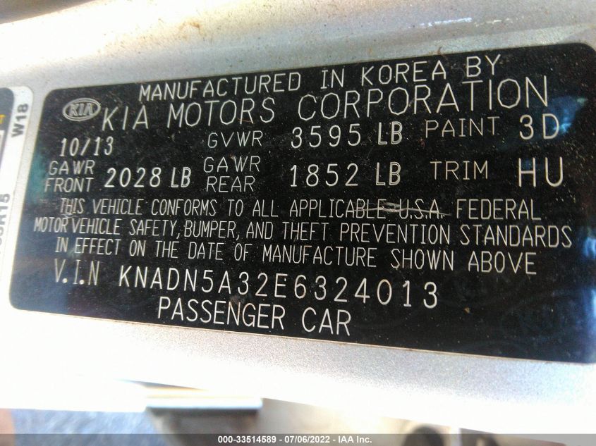 2014 KIA RIO EX KNADN5A32E6324013