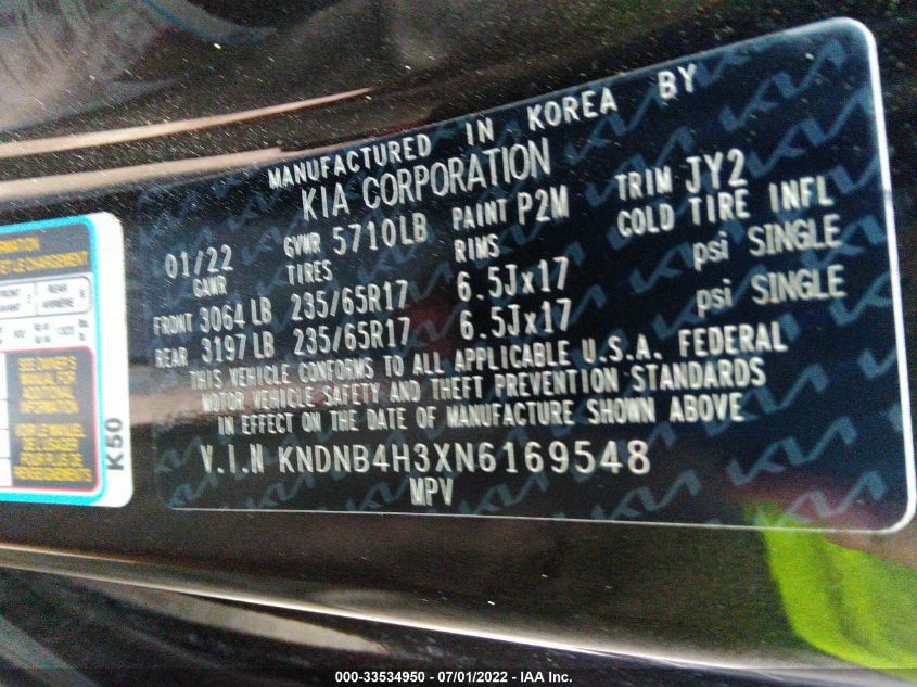2022 KIA CARNIVAL LX/LXS KNDNB4H3XN6169548