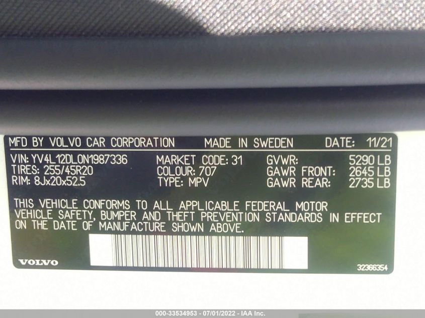 2022 VOLVO XC60 INSCRIPTION YV4L12DL0N1987336