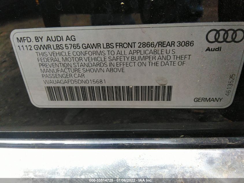 2013 AUDI A8 3.0L WAUAGAFD5DN015681