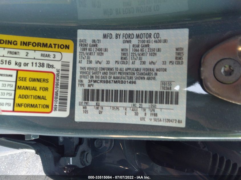 2021 FORD BRONCO SPORT BIG BEND 3FMCR9B67MRB01496