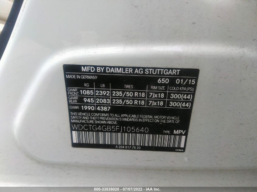 2015 MERCEDES-BENZ GLA-CLASS GLA 250 WDCTG4GB5FJ105640
