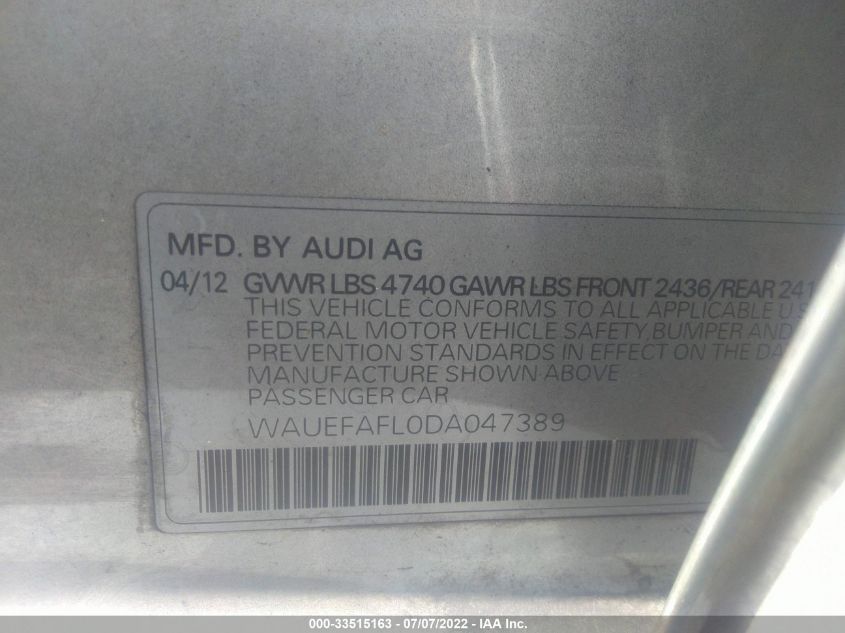 2013 AUDI A4 PREMIUM PLUS WAUEFAFL0DA047389