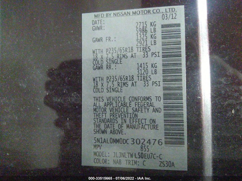 2013 INFINITI JX 5N1AL0MM0DC302476